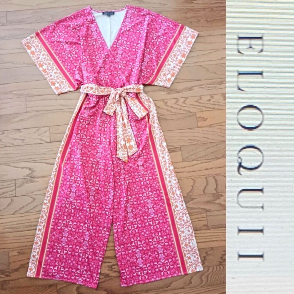 Eloquii Jumpsuit Romper Hot Pink Jersey Print V Neck Belted Ankle Crop 14/16